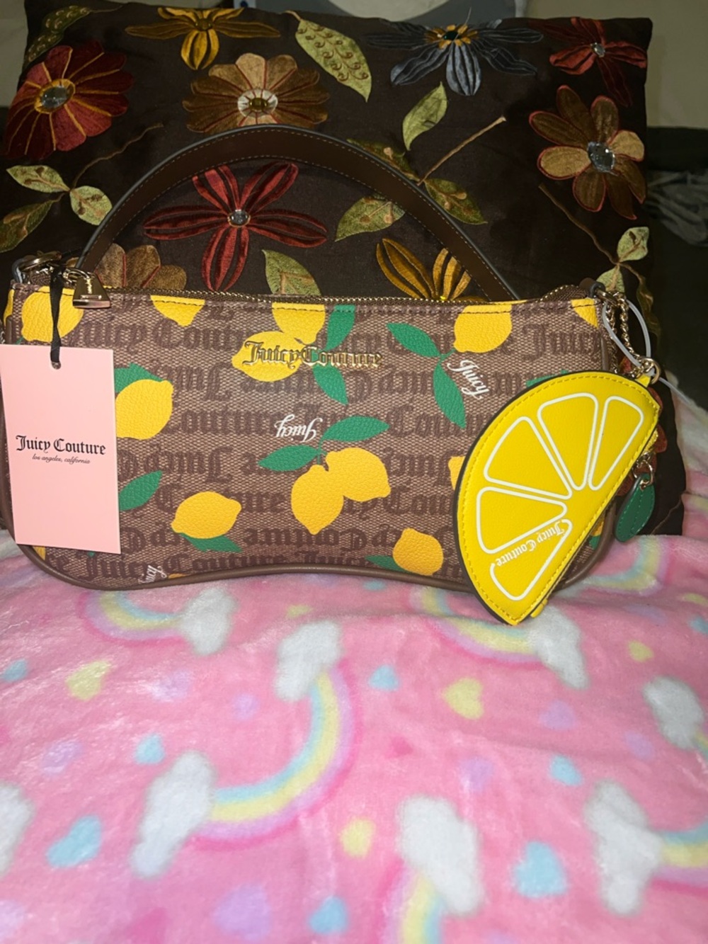 Juicy Couture Brown Lemon Print Mini Shoulder Bag with Yellow Charm